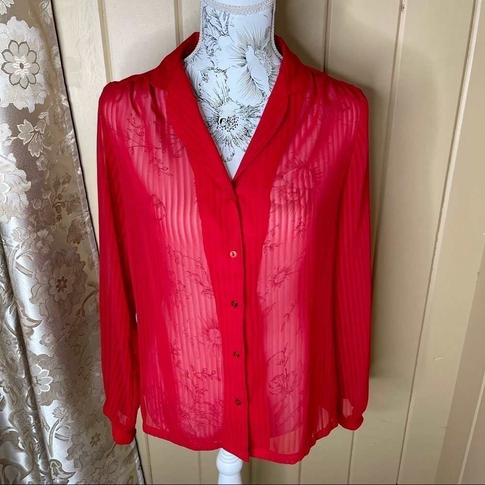 Vintage Puccini Red Sheer Stripe Button Front Blouse Size Medium Button Down